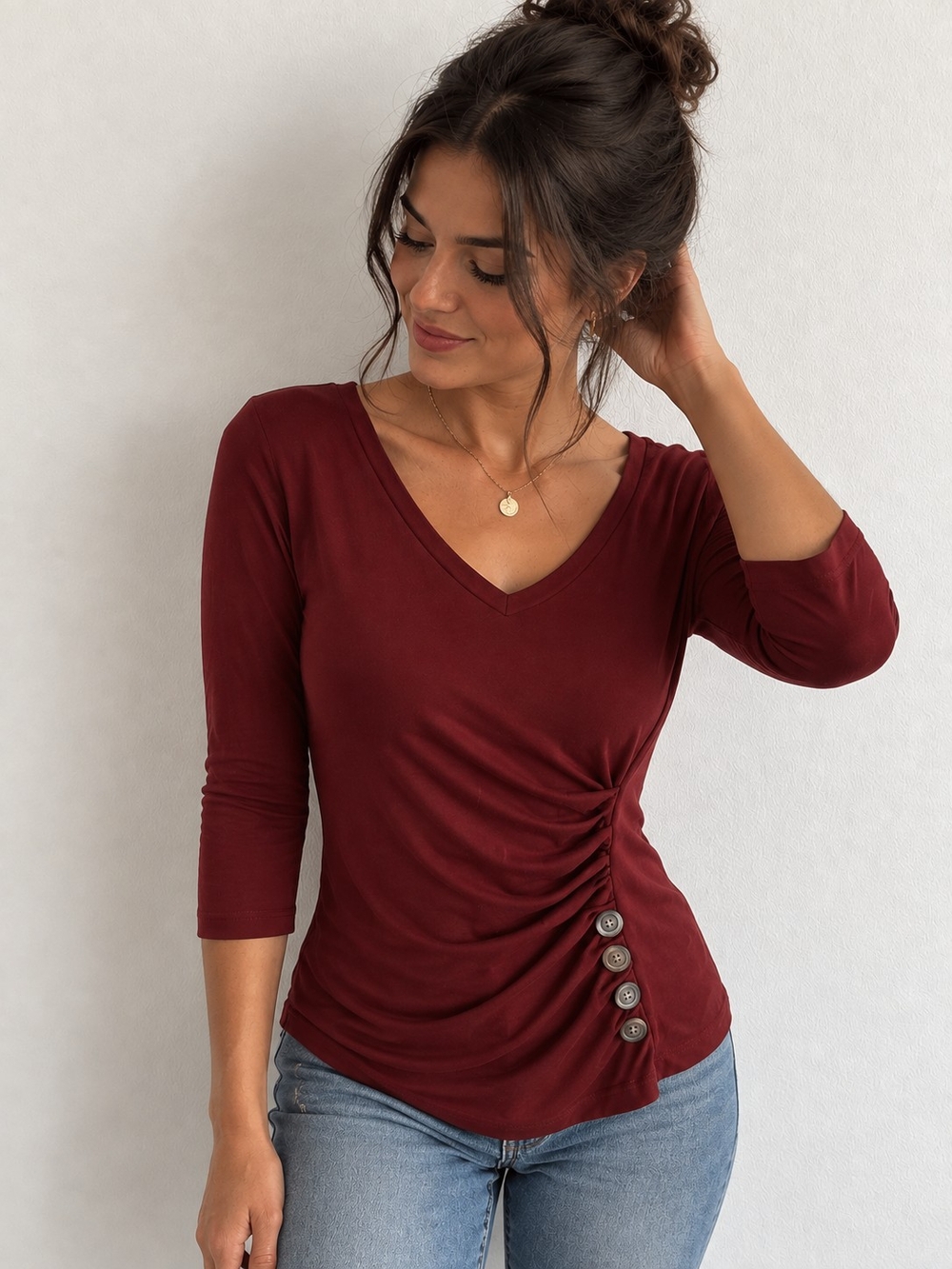 Allegra K Burgundy Ruched Button Detail V-Neck Top Size Small